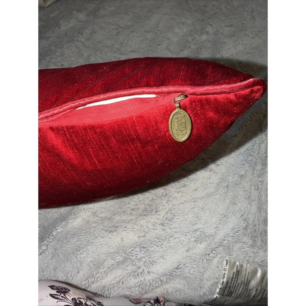 Pier 1 Imports Red Velvet Throw Pillow Square Crimson Accent Brass Logo Zip